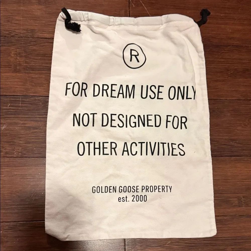 Golden Goose Cream Dust Bag with Black Text Linen Drawstring Bag - LIKE NEW